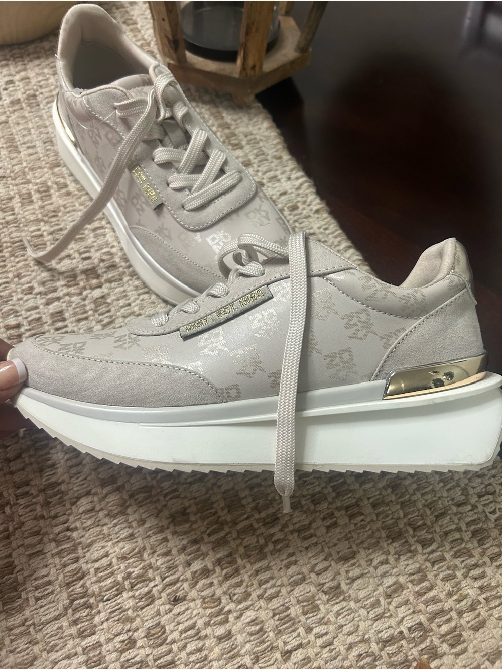 New DKNY Beige Monogram Platform Lace-Up Sneakers with Gold Heel Accent